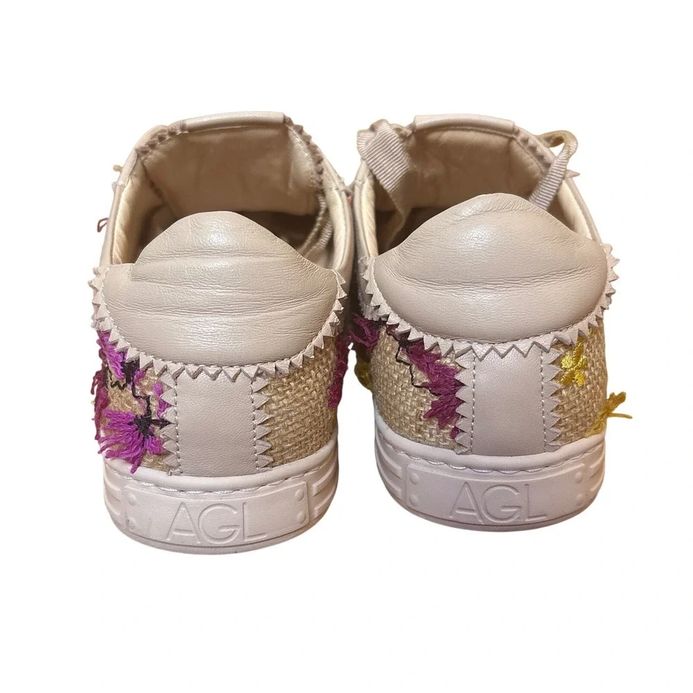 AGL Floral Embroidered Sneakers Women Beige Raffia Low Top Italy SIZE 38.5